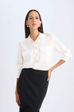 DeFacto Regular Fit Basic Düz Cepli Dokulu Uzun Kollu Beyaz Gömlek T6889AZ24AUWT32