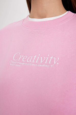 Relax Fit Bisiklet Yaka Slogan Baskılı Kalın Sweatshirt