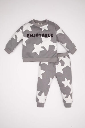 DeFacto Erkek Bebek 2'li Takım Yıldız Desenli Bisiklet Yaka Sweatshirt Beli Lastikli Jogger Eşofman Altı D4612A524AUGR67