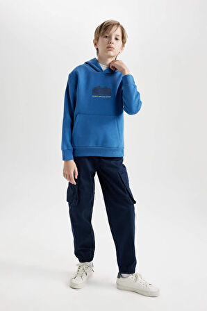 DeFacto Erkek Çocuk Kapüşonlu Sırt Baskılı Cepli Kalın Sweatshirt D3052A824WNBE776
