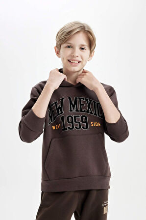 DeFacto Erkek Çocuk Baskılı Kapüşonlu Kanguru Cepli Kalın Sweatshirt D3055A824WNBN130