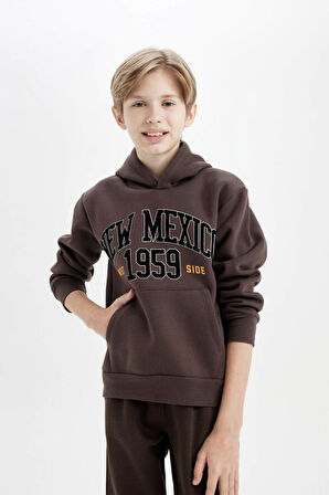 DeFacto Erkek Çocuk Baskılı Kapüşonlu Kanguru Cepli Kalın Sweatshirt D3055A824WNBN130