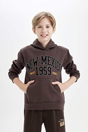 DeFacto Erkek Çocuk Baskılı Kapüşonlu Kanguru Cepli Kalın Sweatshirt D3055A824WNBN130