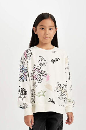 DeFacto Kız Çocuk Oversize Geniş Kalıp Bisiklet Yaka 3D Baskılı Sweatshirt D3113A824WNER99