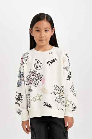 DeFacto Kız Çocuk Oversize Geniş Kalıp Bisiklet Yaka 3D Baskılı Sweatshirt D3113A824WNER99