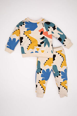 DeFacto Erkek Bebek 2'li Takım Dinazor Desenli Bisiklet Yaka Sweatshirt Üst Beli Lastikli Jogger Eşofman Altı D3933A524WNER42