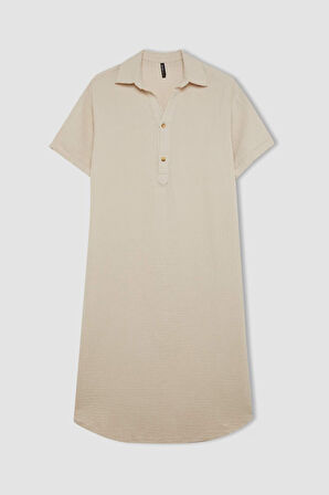 DeFacto Regular Fit Düğmeli Polo Yaka Basic Düz Müslin Kısa Kollu Midi Elbise D5363AX24AUBG186