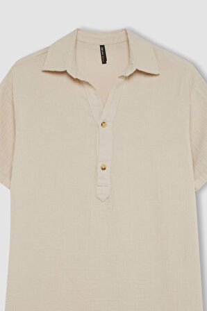 DeFacto Regular Fit Düğmeli Polo Yaka Basic Düz Müslin Kısa Kollu Midi Elbise D5363AX24AUBG186