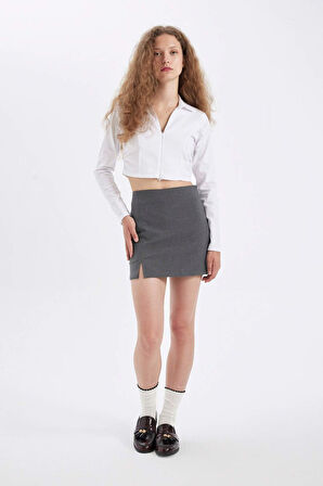 DeFacto Yüksek Bel Basic Düz Pamuk Yırtmaçlı Astarlı Mini Etek D5112AX24AUAR61