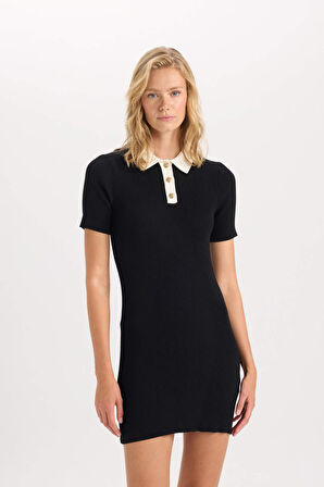 DeFacto A Kesim Polo Yaka Basic Düz Ribana Görünümlü Viskon Kısa Kollu Mini Elbise D3477AX24AUBK27