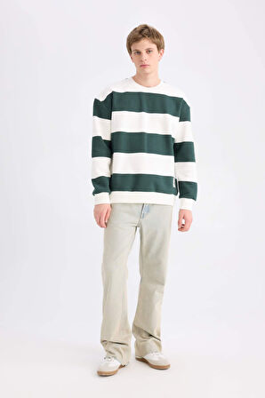 Erkek Antrasit Boxy Fit Bisiklet Yaka Çizgili Sweatshirt