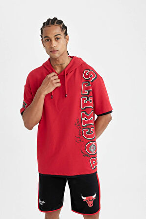 DeFactoFit NBA Houston Rockets Kırmızı Oversize Geniş Kalıp Kapüşonlu Kısa Kollu Tişört C9277AX24AUBR244
