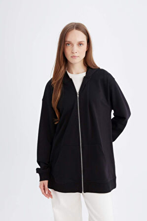 Kapüşonlu Basic Düz İçi Yumuşak Tüylü Kalın Kumaş Fermuarlı Sweatshirt