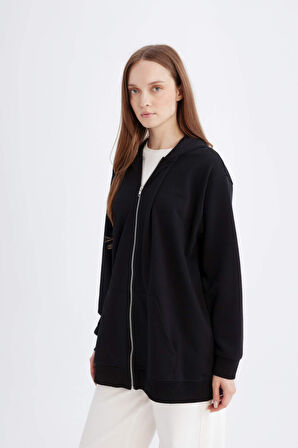 Kapüşonlu Basic Düz İçi Yumuşak Tüylü Kalın Kumaş Fermuarlı Sweatshirt