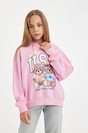 DeFacto Kız Çocuk Oversize Fit Kapüşonlu Ayı Baskılı Sweatshirt D0608A824AUPN666