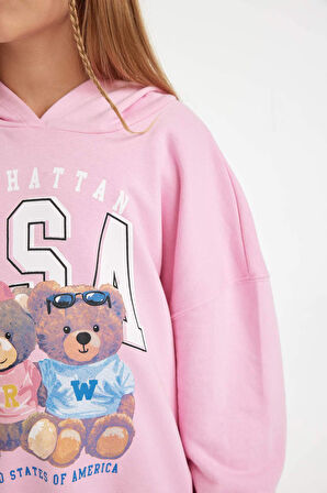 DeFacto Kız Çocuk Oversize Fit Kapüşonlu Ayı Baskılı Sweatshirt D0608A824AUPN666