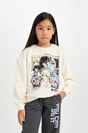 DeFacto Kız Çocuk Oversize Geniş Kalıp Bisiklet Yaka Baskılı Sweatshirt D0611A824AUER99