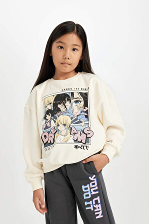 DeFacto Kız Çocuk Oversize Geniş Kalıp Bisiklet Yaka Baskılı Sweatshirt D0611A824AUER99