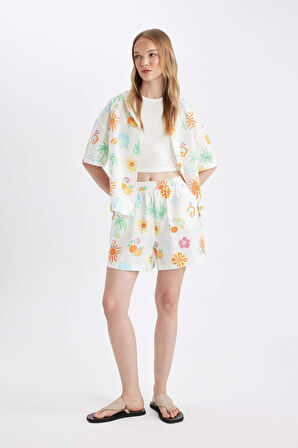 DeFacto Coool Oversize Fit Desenli Pijama Yaka Kısa Kollu Gömlek D5117AX24HSWT34