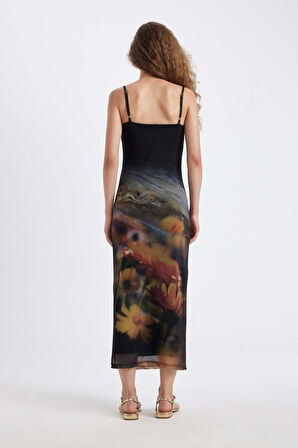 DeFacto Bodycon Askılı Desenli Tül Askılı Maxi Elbise D5034AX24AUYL189
