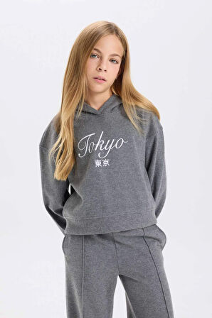 Kız Çocuk Regular Fit Kapüşonlu Slogan Baskılı Selanik Kumaş Sweatshirt