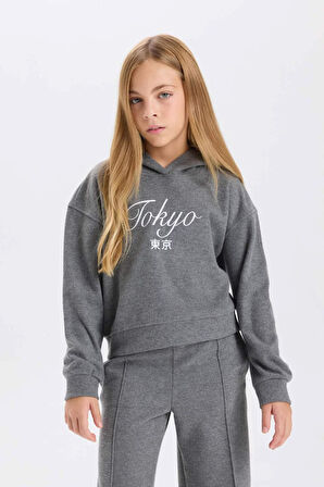 Kız Çocuk Regular Fit Kapüşonlu Slogan Baskılı Selanik Kumaş Sweatshirt