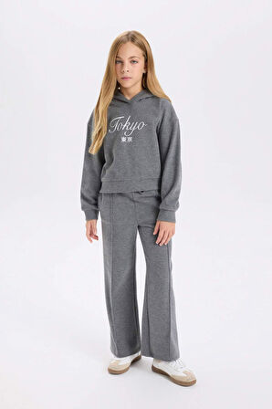 Kız Çocuk Regular Fit Kapüşonlu Slogan Baskılı Selanik Kumaş Sweatshirt