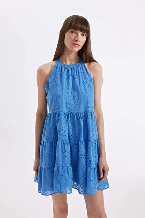 DeFacto A Kesim Halter Yaka Brode Kolsuz Mini Elbise D4400AX24HSBE277