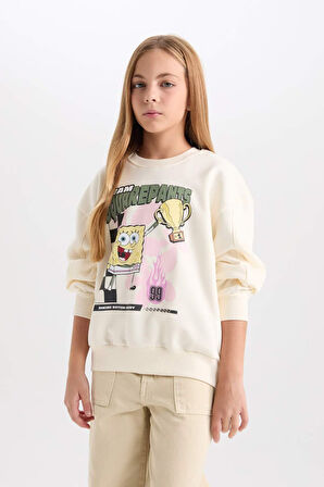 DeFacto Kız Çocuk SpongeBob Relax Fit Bisiklet Yaka 3D Sweatshirt D3111A824WNER99