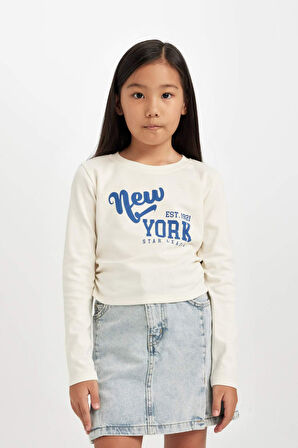 DeFacto Kız Çocuk Cropped Fit Bisiklet Yaka Baskılı Ribana Uzun Kollu Tişört D2987A824AUER99