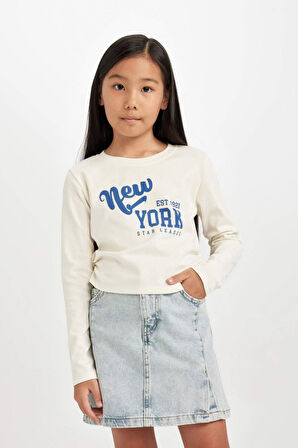 DeFacto Kız Çocuk Cropped Fit Bisiklet Yaka Baskılı Ribana Uzun Kollu Tişört D2987A824AUER99