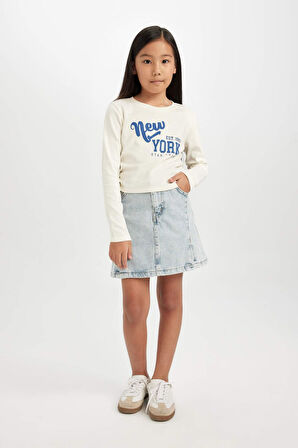 DeFacto Kız Çocuk Cropped Fit Bisiklet Yaka Baskılı Ribana Uzun Kollu Tişört D2987A824AUER99