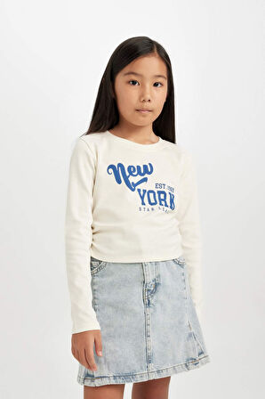 DeFacto Kız Çocuk Cropped Fit Bisiklet Yaka Baskılı Ribana Uzun Kollu Tişört D2987A824AUER99