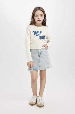 DeFacto Kız Çocuk Cropped Fit Bisiklet Yaka Baskılı Ribana Uzun Kollu Tişört D2987A824AUER99