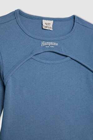 DeFacto Kız Çocuk Crop Bisiklet Yaka Basic Düz Fitilli Kaşkorse Uzun Kollu Tişört D2986A824AUBE88