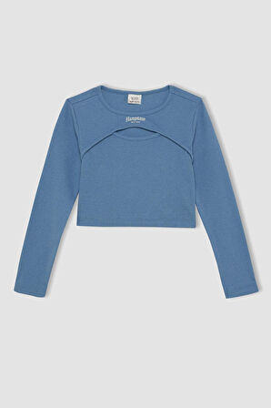 DeFacto Kız Çocuk Crop Bisiklet Yaka Basic Düz Fitilli Kaşkorse Uzun Kollu Tişört D2986A824AUBE88