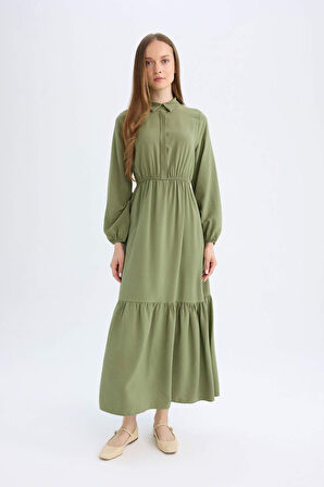 DeFacto Gömlek Yaka Basic Düz Düğmeli Beli Büzgülü Uzun Kollu Maxi Elbise D5851AX24AUKH450
