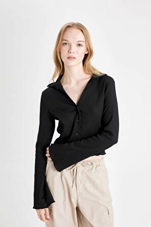 DeFacto Coool Fitted Basic Düz Düğmeli Uzun Kollu Crop Siyah Gömlek A0012AX24AUBK81