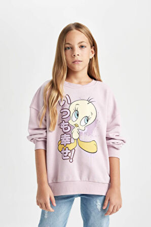 DeFacto Kız Çocuk Looney Tunes Baskılı Oversize Geniş Kalıp Bisiklet Yaka Sweatshirt D2983A824AUPN426