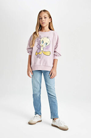 DeFacto Kız Çocuk Looney Tunes Baskılı Oversize Geniş Kalıp Bisiklet Yaka Sweatshirt D2983A824AUPN426