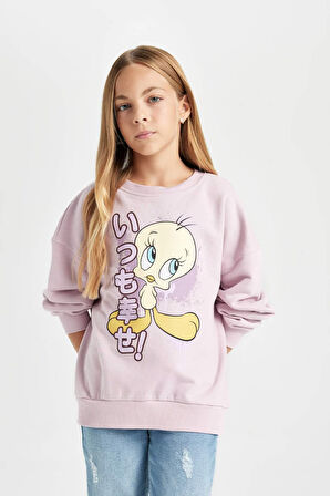 DeFacto Kız Çocuk Looney Tunes Baskılı Oversize Geniş Kalıp Bisiklet Yaka Sweatshirt D2983A824AUPN426