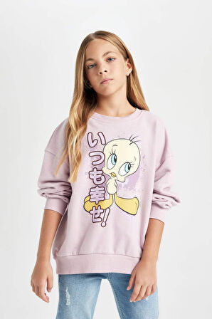 DeFacto Kız Çocuk Looney Tunes Baskılı Oversize Geniş Kalıp Bisiklet Yaka Sweatshirt D2983A824AUPN426