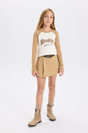 DeFacto Kız Çocuk Crop Bisiklet Yaka Baskılı Fitilli Kaşkorse Uzun Kollu Tişört D3864A824AUBG739