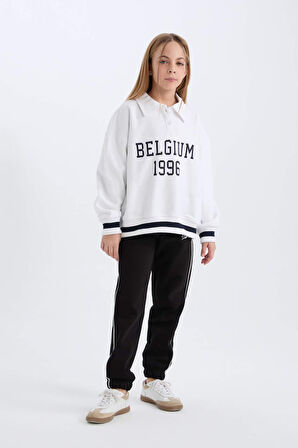 DeFacto Kız Çocuk Oversize Geniş Kalıp Polo Yaka Baskılı İçi Yumuşak Tüylü Sweatshirt D3497A824WNWT34