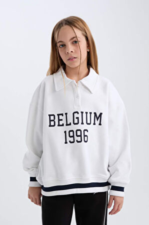 DeFacto Kız Çocuk Oversize Geniş Kalıp Polo Yaka Baskılı İçi Yumuşak Tüylü Sweatshirt D3497A824WNWT34