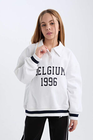 DeFacto Kız Çocuk Oversize Geniş Kalıp Polo Yaka Baskılı İçi Yumuşak Tüylü Sweatshirt D3497A824WNWT34