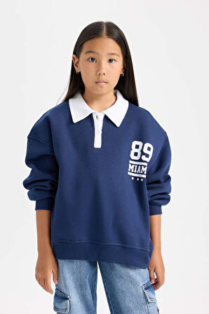 DeFacto Kız Çocuk Oversize Geniş Kalıp Polo Yaka Baskılı İçi Yumuşak Tüylü Kalın Sweatshirt D3497A824WNNV241