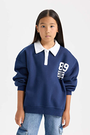 DeFacto Kız Çocuk Oversize Geniş Kalıp Polo Yaka Baskılı İçi Yumuşak Tüylü Kalın Sweatshirt D3497A824WNNV241