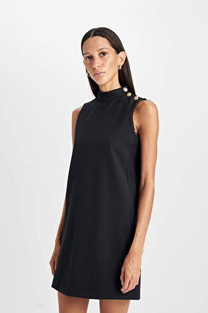 DeFacto Yarım Balıkçı Yaka Basic Düz Düğmeli Kolsuz Mini Siyah Elbise D2873AX24AUBK81