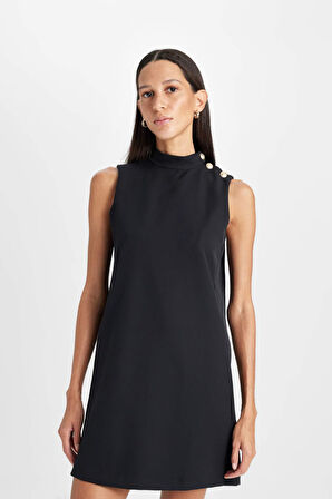 DeFacto Yarım Balıkçı Yaka Basic Düz Düğmeli Kolsuz Mini Siyah Elbise D2873AX24AUBK81